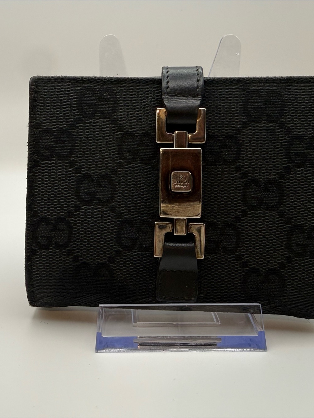 Gucci Black Monogram Canvas Wristlet with Gold Hardware Accent